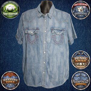 True Religion Denim Western Pearl Snap Shirt Men’s 2XL Blue Horseshoe Pockets